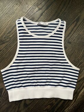 Zara Navy & White Striped Ribbed Racerback Crop Tank Size XS-S Layering Staple